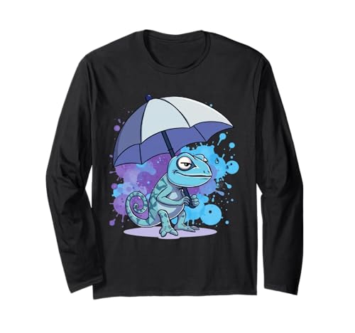 Chamäleon Cartoon Illustration Mit Regenschirm Langarmshirt von Animals of the World - Chameleon