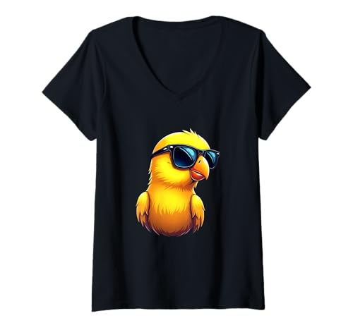 Damen Gelbes Küken mit Sonnenbrille im Comicstil T-Shirt mit V-Ausschnitt Damen Gelbes Küken mit Sonnenbrille im Comicstil T-Shirt mit V-Ausschnitt von Animals of the World - Chick