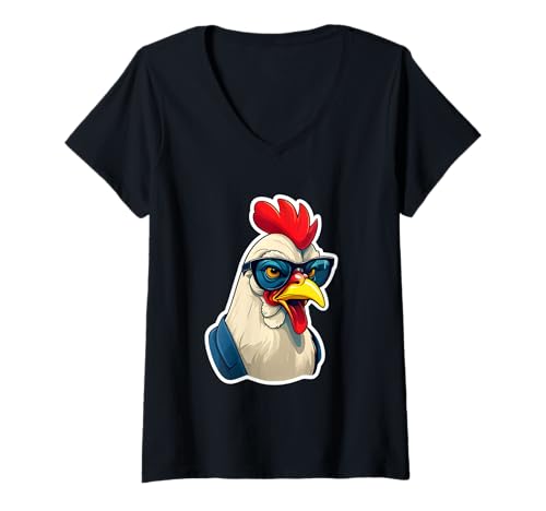 Damen Lustiger Cartoon-Hahn mit Sonnenbrille Motiv T-Shirt mit V-Ausschnitt Damen Lustiger Cartoon-Hahn mit Sonnenbrille Motiv T-Shirt mit V-Ausschnitt von Animals of the World - Chicken