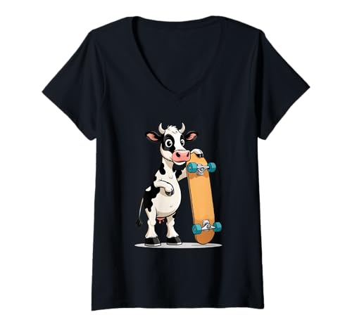 Damen Cartoon Kuh mit Skateboard Illustration T-Shirt mit V-Ausschnitt Damen Cartoon Kuh mit Skateboard Illustration T-Shirt mit V-Ausschnitt von Animals of the World - Cow