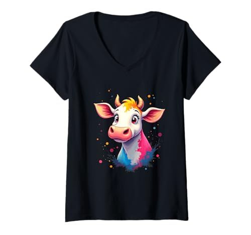 Damen Comic-Kuhkopf mit bunten Farbspritzern T-Shirt mit V-Ausschnitt von Animals of the World - Cow