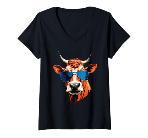 Damen Dexter-Kuh Kopf mit Sonnenbrille im Comicstil T-Shirt mit V-Ausschnitt Damen Dexter-Kuh Kopf mit Sonnenbrille im Comicstil T-Shirt mit V-Ausschnitt von Animals of the World - Cow