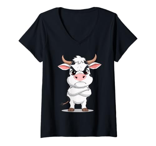Damen Grimmige Cartoon Kuh Illustration Tiermotiv T-Shirt mit V-Ausschnitt Damen Grimmige Cartoon Kuh Illustration Tiermotiv T-Shirt mit V-Ausschnitt von Animals of the World - Cow