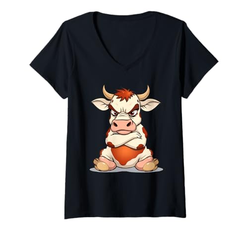 Damen Grimmige Comic-Kuh mit ernstem Blick T-Shirt mit V-Ausschnitt Damen Grimmige Comic-Kuh mit ernstem Blick T-Shirt mit V-Ausschnitt von Animals of the World - Cow