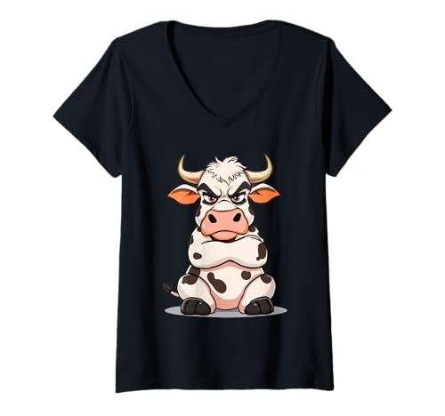 Damen Grummelige Cartoon Kuh Tier Illustration T-Shirt mit V-Ausschnitt Damen Grummelige Cartoon Kuh Tier Illustration T-Shirt mit V-Ausschnitt von Animals of the World - Cow