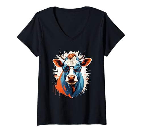 Damen Kuh Illustration Mit Sonnenbrille Splash Art T-Shirt mit V-Ausschnitt Damen Kuh Illustration Mit Sonnenbrille Splash Art T-Shirt mit V-Ausschnitt von Animals of the World - Cow