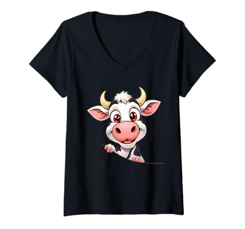 Damen Süße Kuh schaut hervor Cartoon Tierillustration T-Shirt mit V-Ausschnitt Damen Süße Kuh schaut hervor Cartoon Tierillustration T-Shirt mit V-Ausschnitt von Animals of the World - Cow