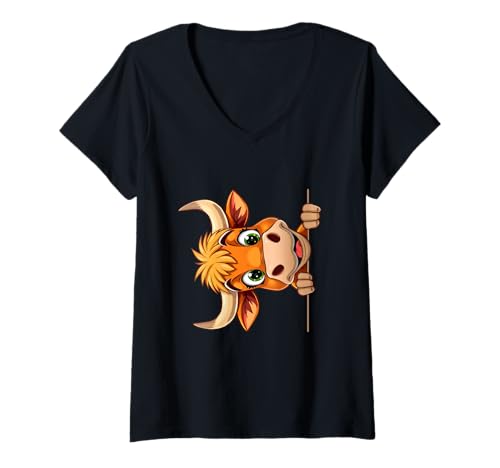 Damen Süße Kuh schaut hervor Cartoon Tierillustration T-Shirt mit V-Ausschnitt Damen Süße Kuh schaut hervor Cartoon Tierillustration T-Shirt mit V-Ausschnitt von Animals of the World - Cow
