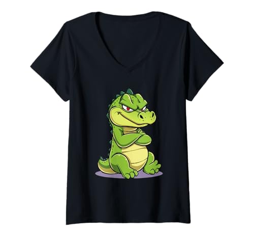 Damen Grimmige Krokodil Cartoon Tierillustration T-Shirt mit V-Ausschnitt Damen Grimmige Krokodil Cartoon Tierillustration T-Shirt mit V-Ausschnitt von Animals of the World - Crocodile