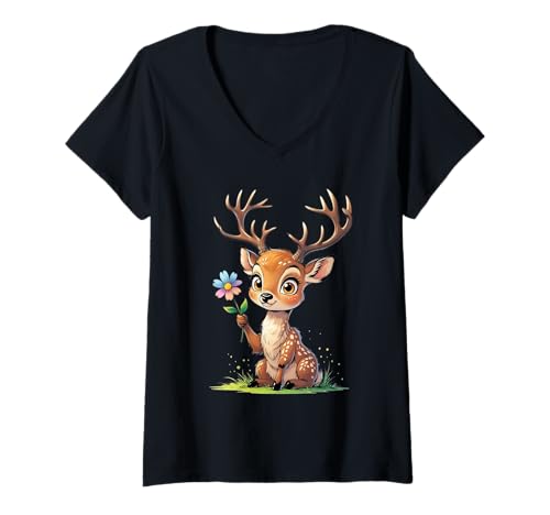 Damen Cartoon Hirsch Mit Blume Grafik T-Shirt mit V-Ausschnitt Damen Cartoon Hirsch Mit Blume Grafik T-Shirt mit V-Ausschnitt von Animals of the World - Deer