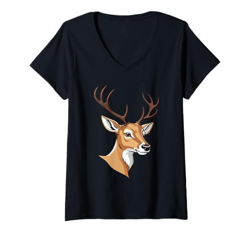 Damen Cartoon Hirschkopf Illustration – Wildtier Kunstmotiv T-Shirt mit V-Ausschnitt von Animals of the World - Deer