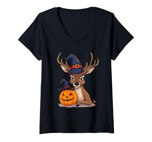 Damen Halloween Cartoon Hirsch mit Kürbis Illustration T-Shirt mit V-Ausschnitt Damen Halloween Cartoon Hirsch mit Kürbis Illustration T-Shirt mit V-Ausschnitt von Animals of the World - Deer
