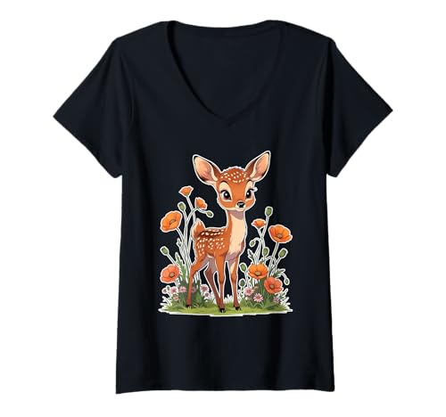 Damen Rehkitz Cartoon Illustration mit Blumen T-Shirt mit V-Ausschnitt Damen Rehkitz Cartoon Illustration mit Blumen T-Shirt mit V-Ausschnitt von Animals of the World - Deer