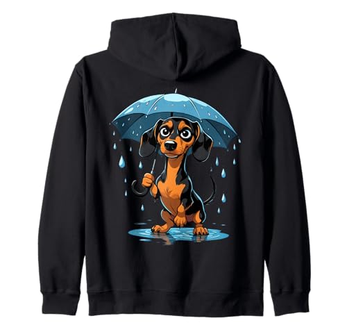 Cartoon Dackel Illustration mit Regenschirm im Regen Kapuzenjacke von Animals of the World - Dog