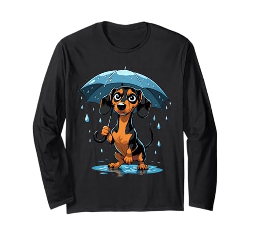 Cartoon Dackel Illustration mit Regenschirm im Regen Langarmshirt von Animals of the World - Dog