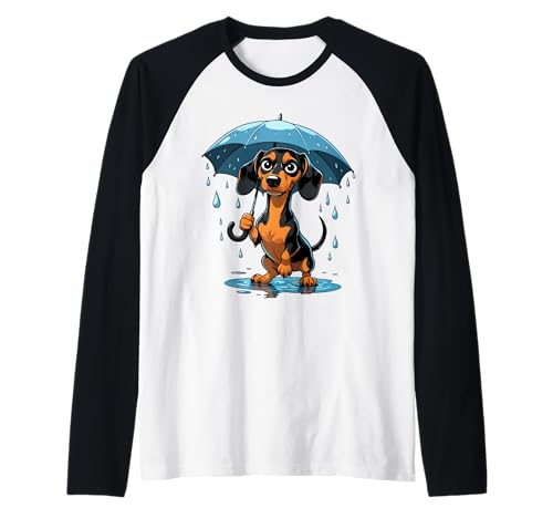 Cartoon Dackel Illustration mit Regenschirm im Regen Raglan von Animals of the World - Dog