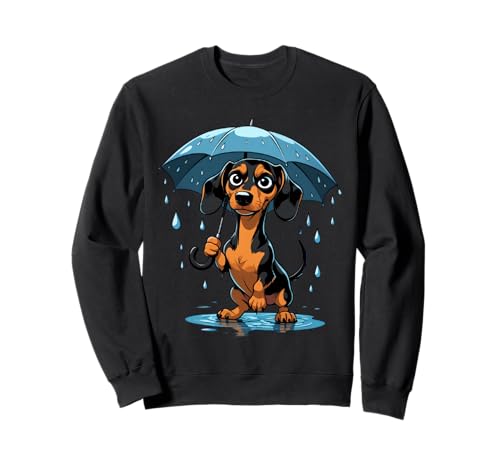 Cartoon Dackel Illustration mit Regenschirm im Regen Sweatshirt von Animals of the World - Dog
