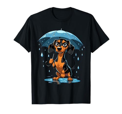 Cartoon Dackel Illustration mit Regenschirm im Regen T-Shirt von Animals of the World - Dog