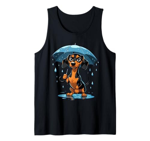 Cartoon Dackel Illustration mit Regenschirm im Regen Tank Top von Animals of the World - Dog