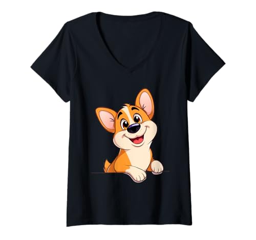 Damen Cartoon Corgi Welpe Fröhliche Illustration T-Shirt mit V-Ausschnitt von Animals of the World - Dog