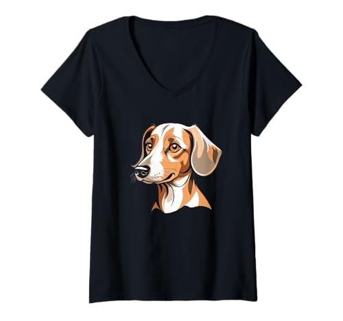 Damen Cartoon-Dackelkopf im stilisierten Design T-Shirt mit V-Ausschnitt von Animals of the World - Dog