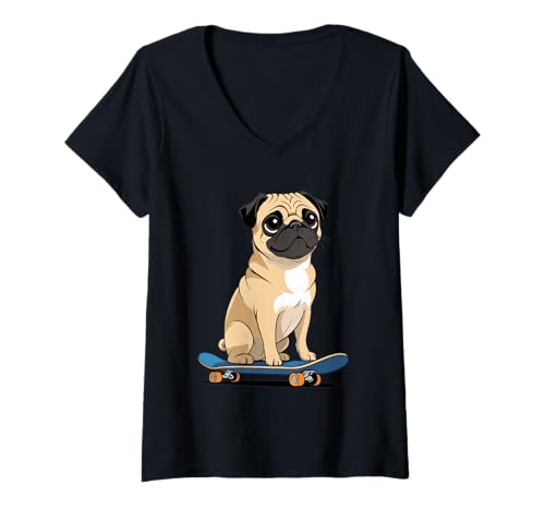 Damen Cartoon Mops Illustration Auf Skateboard T-Shirt mit V-Ausschnitt von Animals of the World - Dog