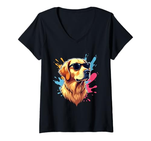Damen Comic-Golden Retriever mit Sonnenbrille und Farbspritzern T-Shirt mit V-Ausschnitt von Animals of the World - Dog