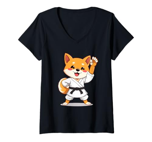 Damen Comic-Shiba Inu im Karateanzug mit schwarzem Gürtel T-Shirt mit V-Ausschnitt von Animals of the World - Dog