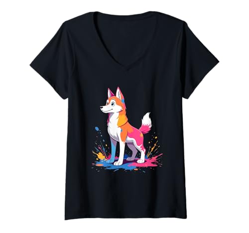 Damen Stilisierter Husky mit bunten Farbspritzern – Cartoon Look T-Shirt mit V-Ausschnitt von Animals of the World - Dog