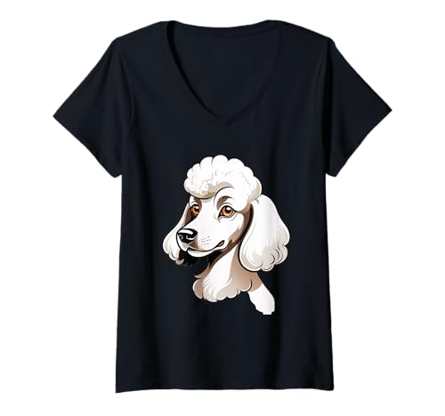 Damen Stilisierter Pudel-Kopf – Cartoonartige Hundeillustration T-Shirt mit V-Ausschnitt Damen Stilisierter Pudel-Kopf – Cartoonartige Hundeillustration T-Shirt mit V-Ausschnitt von Animals of the World - Dog