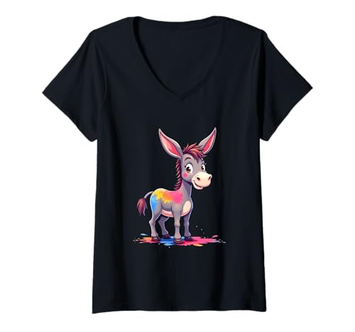 Damen Bunter Comic-Esel mit Farbspritzern im Stehen T-Shirt mit V-Ausschnitt von Animals of the World - Donkey