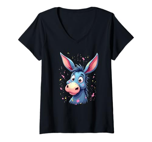 Damen Comic-Eselkopf mit bunten Farbspritzern T-Shirt mit V-Ausschnitt von Animals of the World - Donkey