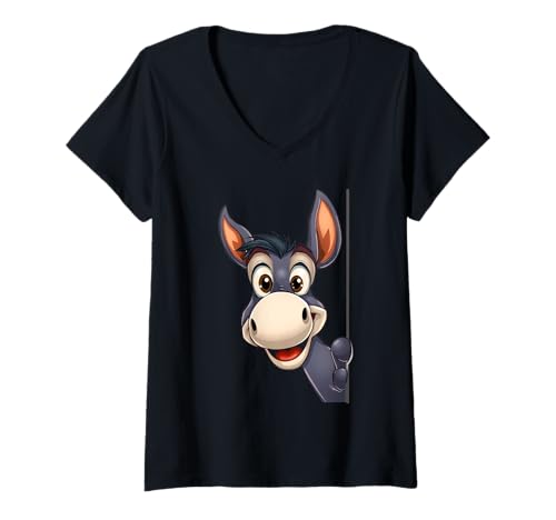 Damen Süßer Esel schaut hervor: Cartoon-Tierillustration T-Shirt mit V-Ausschnitt von Animals of the World - Donkey