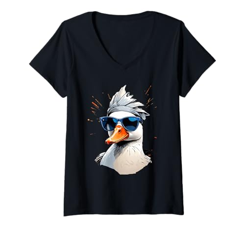 Damen Ente Illustration Mit Sonnenbrille Splash Art T-Shirt mit V-Ausschnitt Damen Ente Illustration Mit Sonnenbrille Splash Art T-Shirt mit V-Ausschnitt von Animals of the World - Duck