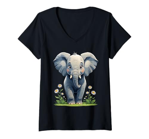 Damen Cartoon Elefant Illustration mit Gänseblumen T-Shirt mit V-Ausschnitt von Animals of the World - Elephant