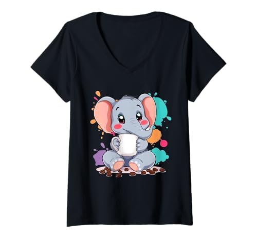 Damen Cartoon Elefant Illustration mit Kaffeetasse T-Shirt mit V-Ausschnitt Damen Cartoon Elefant Illustration mit Kaffeetasse T-Shirt mit V-Ausschnitt von Animals of the World - Elephant
