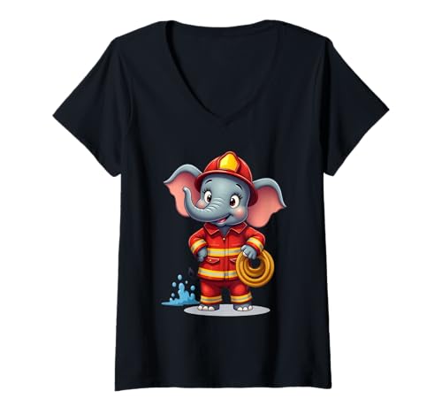 Damen Elefant Feuerwehr Cartoon Tier Illustration T-Shirt mit V-Ausschnitt Damen Elefant Feuerwehr Cartoon Tier Illustration T-Shirt mit V-Ausschnitt von Animals of the World - Elephant