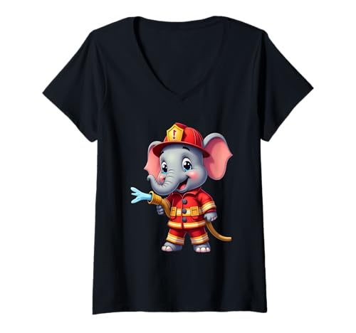 Damen Elefant als Feuerwehrmann in roter Uniform T-Shirt mit V-Ausschnitt Damen Elefant als Feuerwehrmann in roter Uniform T-Shirt mit V-Ausschnitt von Animals of the World - Elephant