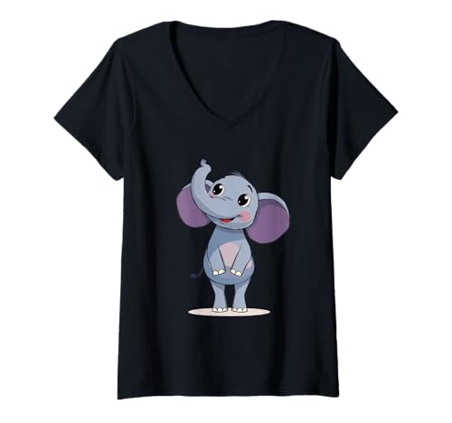 Damen Fröhlicher Cartoon-Elefant mit erhobenem Rüssel T-Shirt mit V-Ausschnitt Damen Fröhlicher Cartoon-Elefant mit erhobenem Rüssel T-Shirt mit V-Ausschnitt von Animals of the World - Elephant