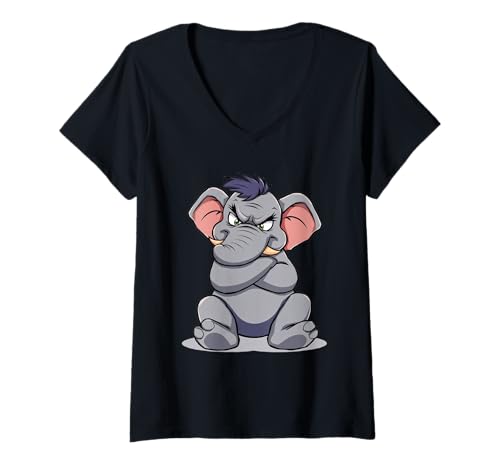 Damen Grimmiger Elefant: Cartoon-Tierillustration T-Shirt mit V-Ausschnitt Damen Grimmiger Elefant: Cartoon-Tierillustration T-Shirt mit V-Ausschnitt von Animals of the World - Elephant