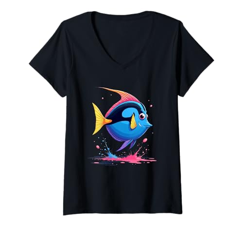 Damen Blauer Doktorfisch im Comicstil mit Farbspritzern T-Shirt mit V-Ausschnitt Damen Blauer Doktorfisch im Comicstil mit Farbspritzern T-Shirt mit V-Ausschnitt von Animals of the World - Fish