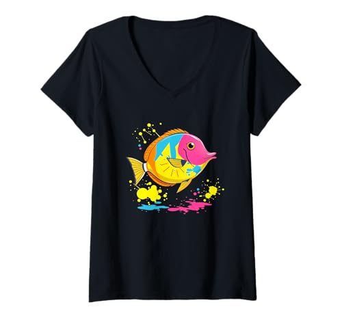 Damen Bunter Comic-Fisch mit Farbspritzern T-Shirt mit V-Ausschnitt Damen Bunter Comic-Fisch mit Farbspritzern T-Shirt mit V-Ausschnitt von Animals of the World - Fish