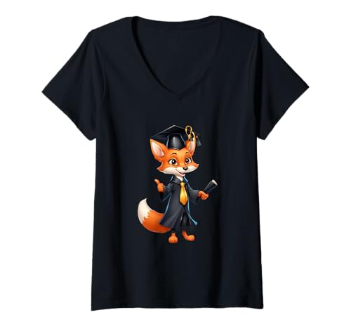 Damen Absolventen-Fuchs – Lustiger Cartoon mit Diplom T-Shirt mit V-Ausschnitt von Animals of the World - Fox
