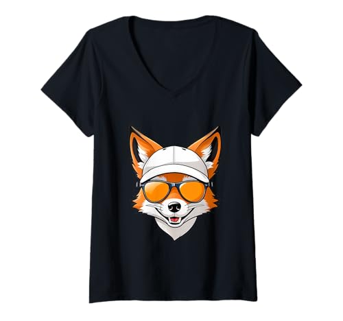 Damen Cartoon-Fuchskopf mit Cap und Sonnenbrille T-Shirt mit V-Ausschnitt Damen Cartoon-Fuchskopf mit Cap und Sonnenbrille T-Shirt mit V-Ausschnitt von Animals of the World - Fox