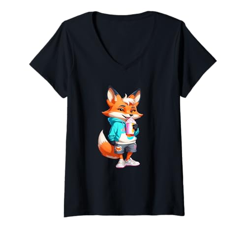 Damen Comic-Fuchs mit Milchshake in Freizeitkleidung T-Shirt mit V-Ausschnitt Damen Comic-Fuchs mit Milchshake in Freizeitkleidung T-Shirt mit V-Ausschnitt von Animals of the World - Fox