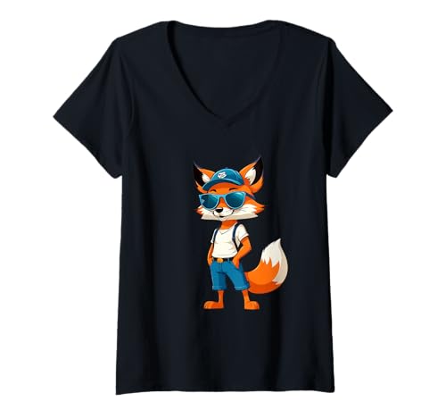 Damen Comic-Fuchs mit lässigem Outfit T-Shirt mit V-Ausschnitt von Animals of the World - Fox