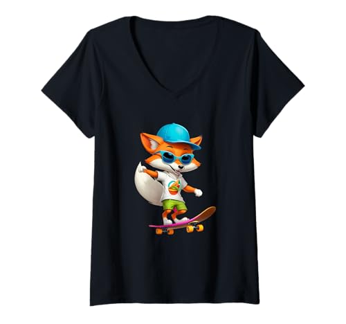 Damen Lustiger Comic-Fuchs mit Taco auf Skateboard T-Shirt mit V-Ausschnitt Damen Lustiger Comic-Fuchs mit Taco auf Skateboard T-Shirt mit V-Ausschnitt von Animals of the World - Fox
