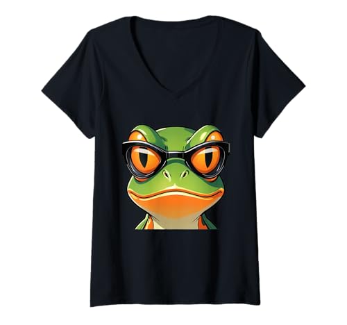 Damen Cartoon Frosch Kopf mit Sonnenbrille Illustration T-Shirt mit V-Ausschnitt Damen Cartoon Frosch Kopf mit Sonnenbrille Illustration T-Shirt mit V-Ausschnitt von Animals of the World - Frog