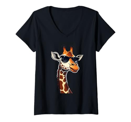 Damen Giraffenkopf mit Sonnenbrille – Comic-Tierdesign T-Shirt mit V-Ausschnitt Damen Giraffenkopf mit Sonnenbrille – Comic-Tierdesign T-Shirt mit V-Ausschnitt von Animals of the World - Giraffe