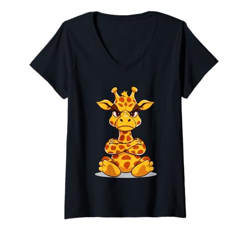 Damen Grummelige Cartoon Giraffe Tier Illustration T-Shirt mit V-Ausschnitt Damen Grummelige Cartoon Giraffe Tier Illustration T-Shirt mit V-Ausschnitt von Animals of the World - Giraffe